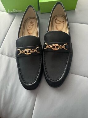 Sam Edelman Black Loafers with Gold Chain Trim